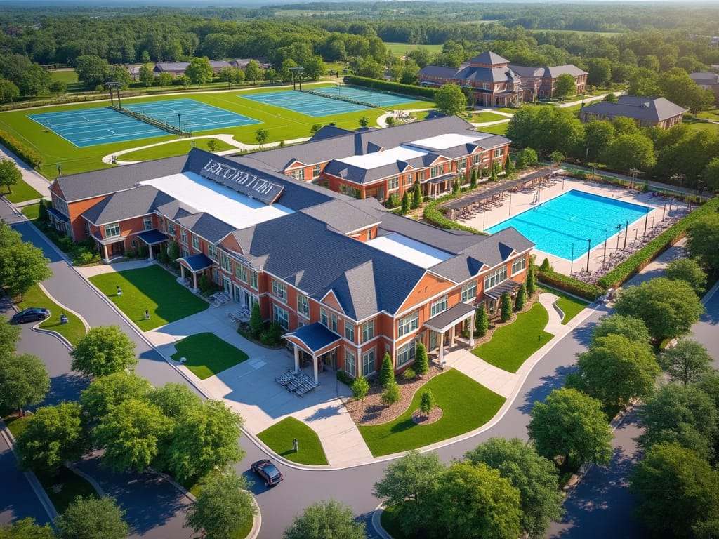 A rendering of a two-story clubhouse in the middle of a community. Community pool and tennis courts