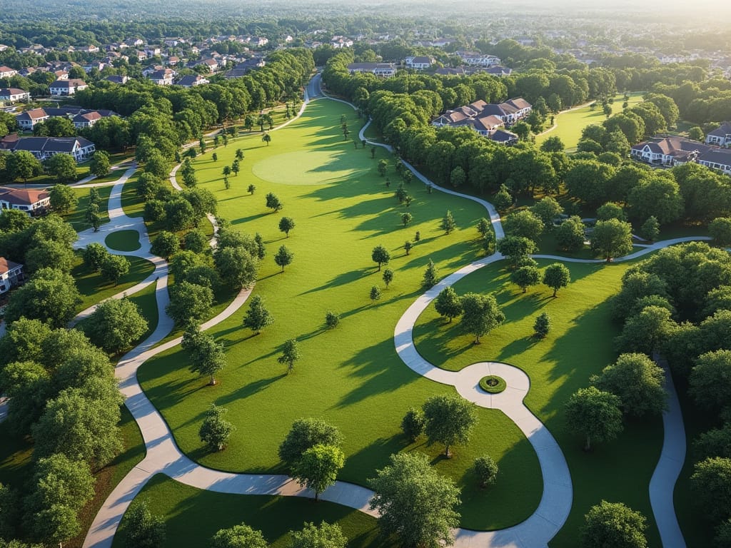 aerial image of a park with walking-trails in a new home community