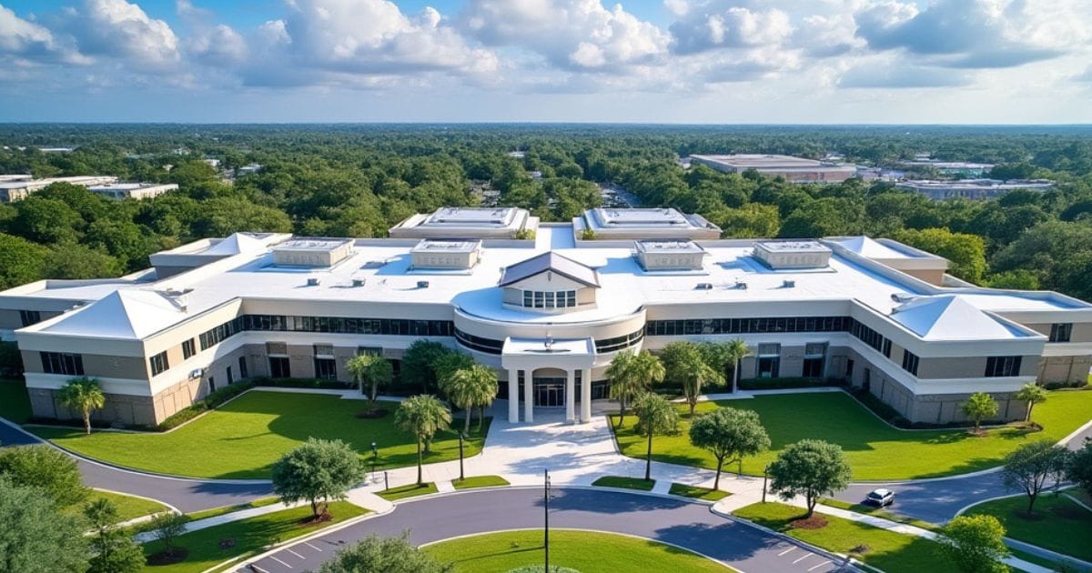Rendering of a large high-school in Florida, white and tan two story building
