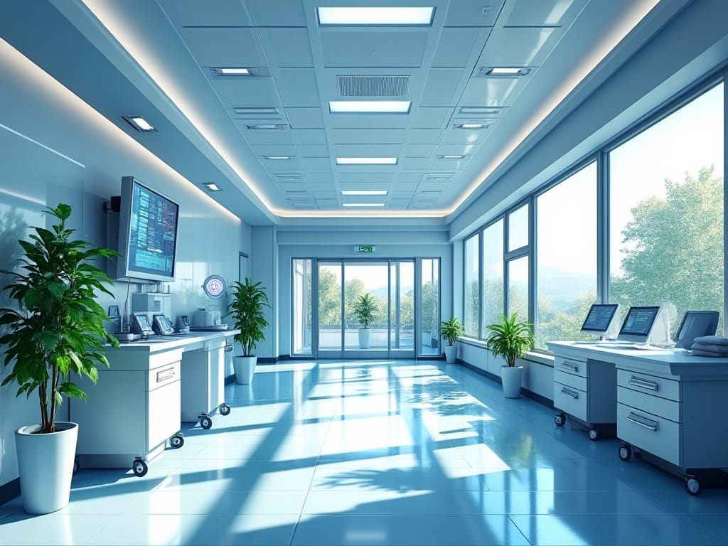 Entrance to a emergency clinic. Hospital computers, plants, tile flooring and the entrance