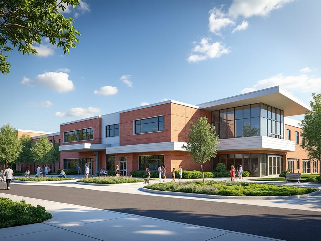 an exterior rendering of a middle school within a community of new homes, its an amenity