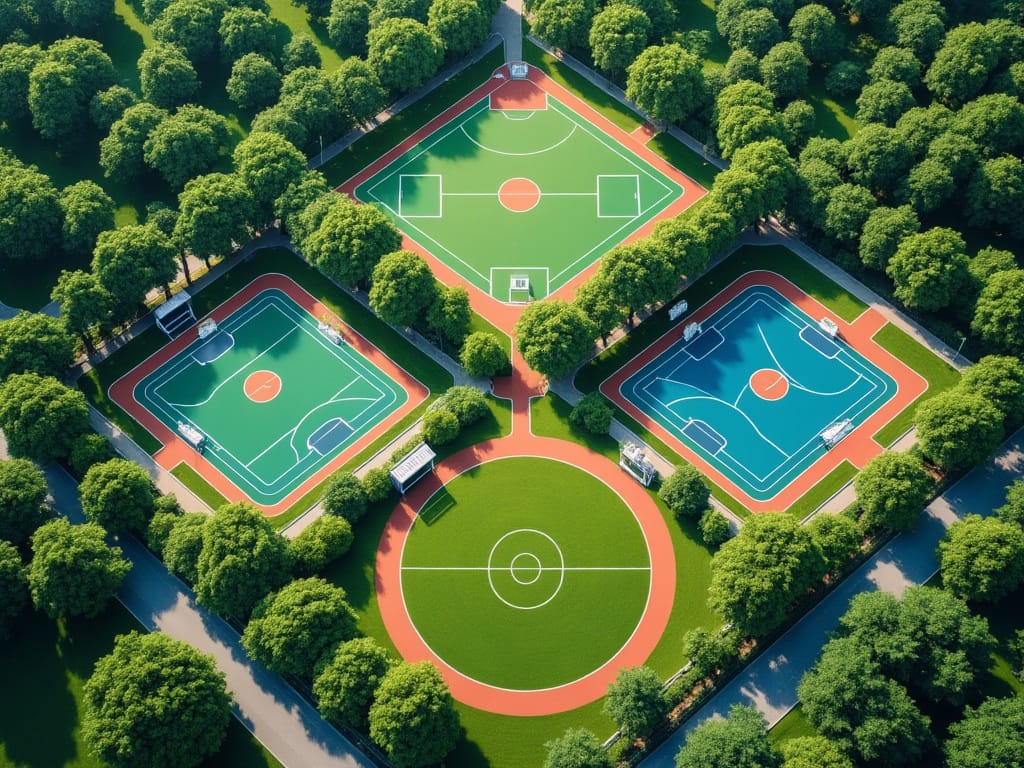 Image of a master-planned community's large park with several sports courts