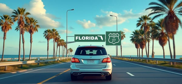 Silver SUV on a highway with palm trees and ocean on each side, signs say Florida and route US 27