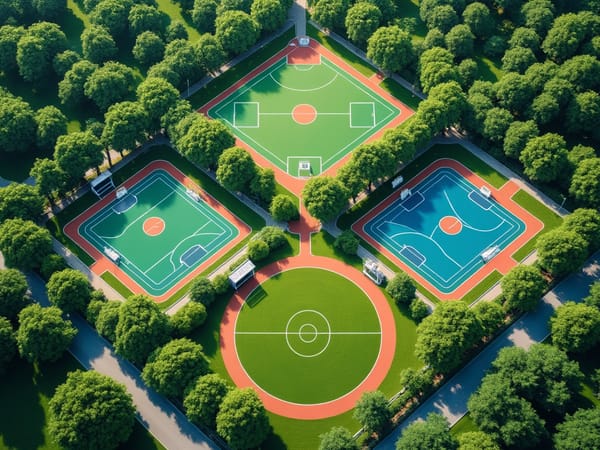 Image of a master-planned community's large park with several sports courts